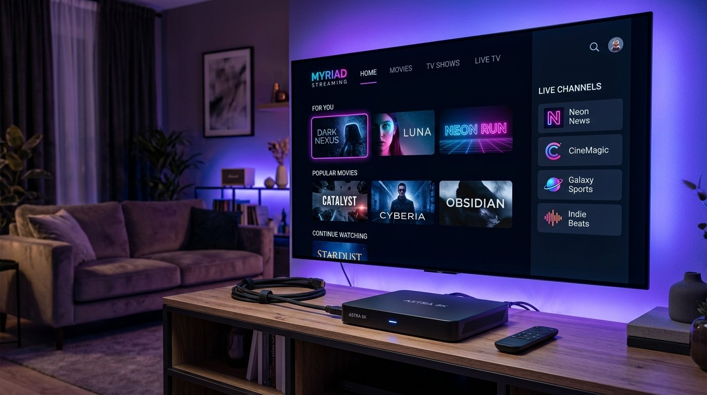 TV Box com interface XCIPTV mostrando categorias de filmes